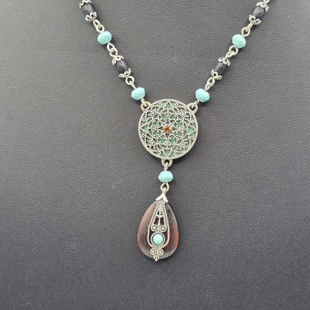 Vintage Napier Bohemian Filigree Mandala Turquoise Beaded Teardrop Necklace 18in